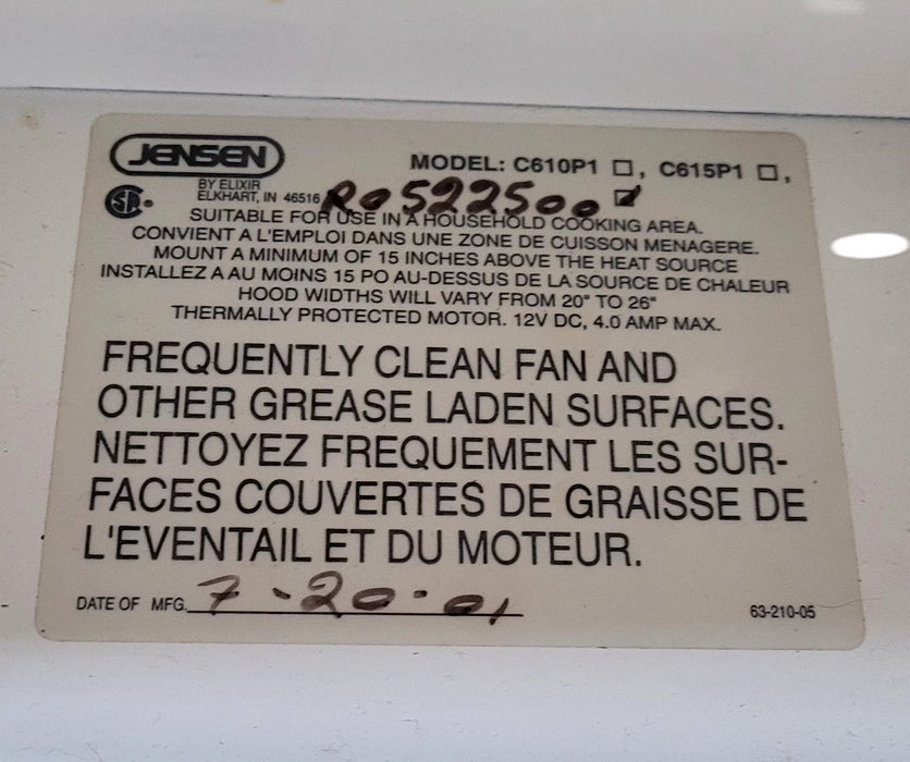 Used Jensen RV Range Hood Fan - R0522500 - Young Farts RV Parts