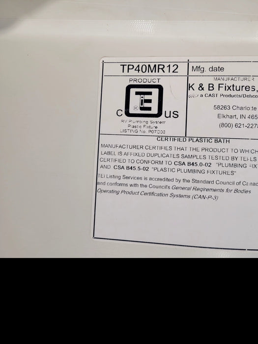 Used RV Bath Tub 39 7/8” x 23 3/4” - Left Hand Drain - Young Farts RV Parts