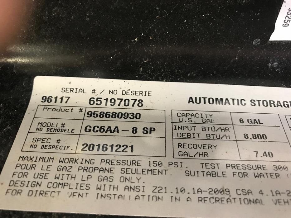 Used Complete Atwood Hot Water Heater, 6 Gallon - GC6AA-8