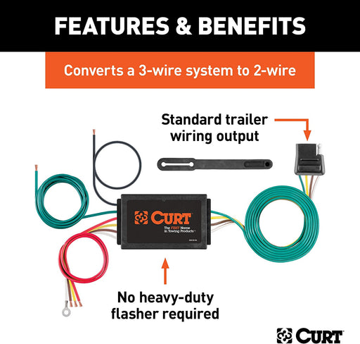 CURT Manufacturing 56146 Powered 3-to-2-Wire Splice-in Trailer Tail Light Converter with 4-Pin Wiring Harness - Young Farts RV Parts