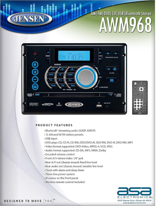 Jensen AWM968 AM/FM/CD/DVD/USB Bluetooth Stereo, Wireless Credit Card Size Remote Control included - Young Farts RV Parts