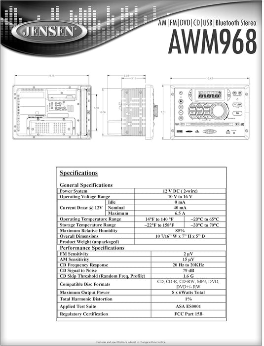 Jensen AWM968 AM/FM/CD/DVD/USB Bluetooth Stereo, Wireless Credit Card Size Remote Control included - Young Farts RV Parts