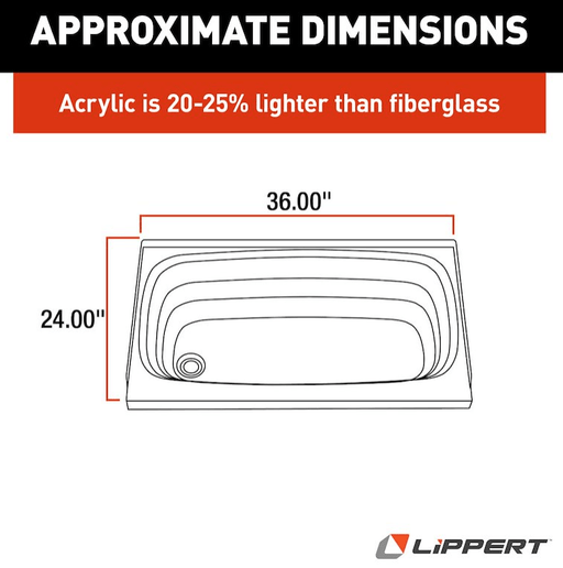 Lippert Components 209372 - Bathtub with Left Drain; 24" x 36" (Parchment) - Young Farts RV Parts