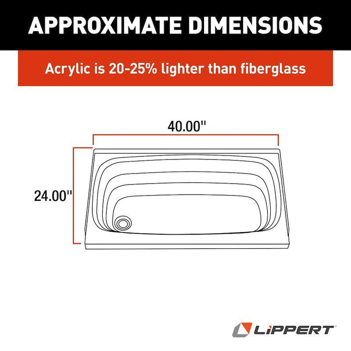 Lippert Components 209388 Better Bath LHD Bathtub, Parchment - 24 Inch x 40 Inch - Young Farts RV Parts