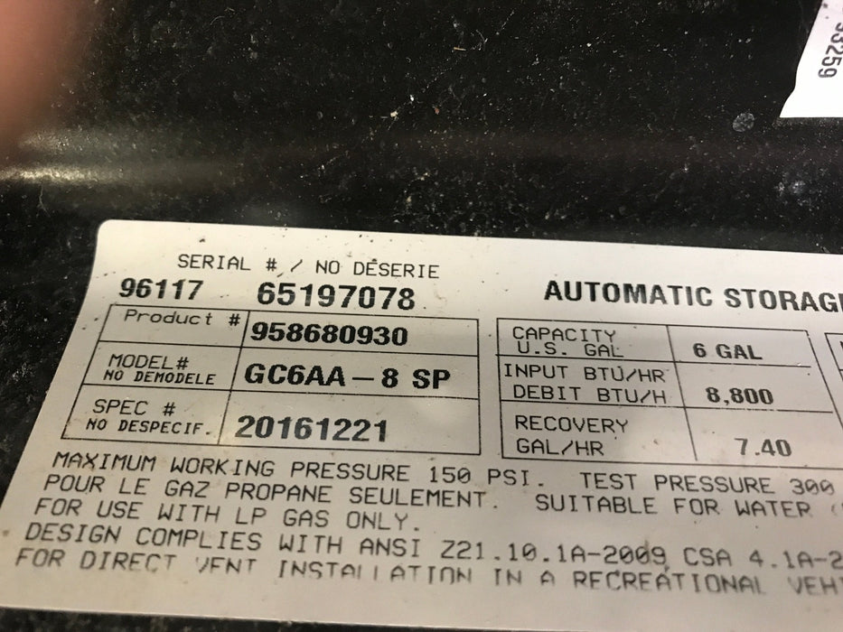 Used Complete Atwood Hot Water Heater, 6 Gallon - GC6AA-8