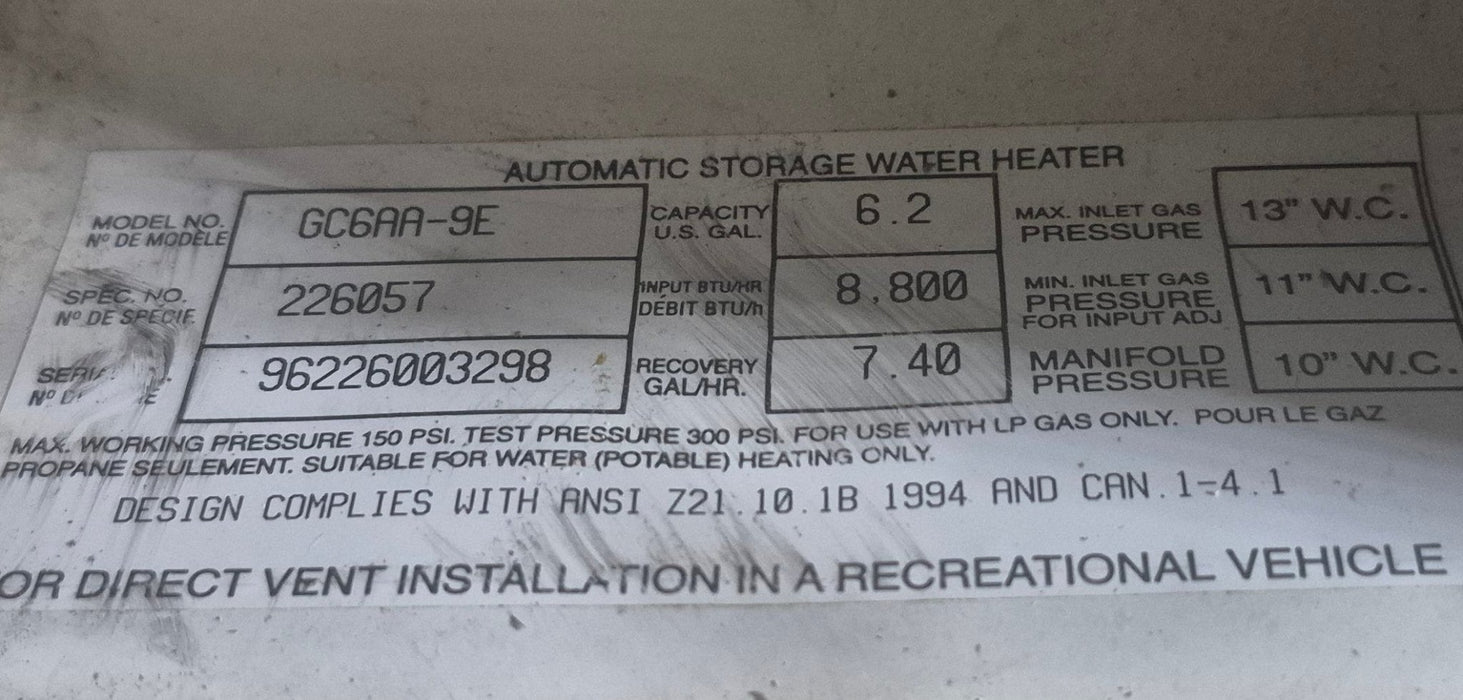 Used Complete Atwood Hot Water Heater, 6 Gal. - GC6AA-9E