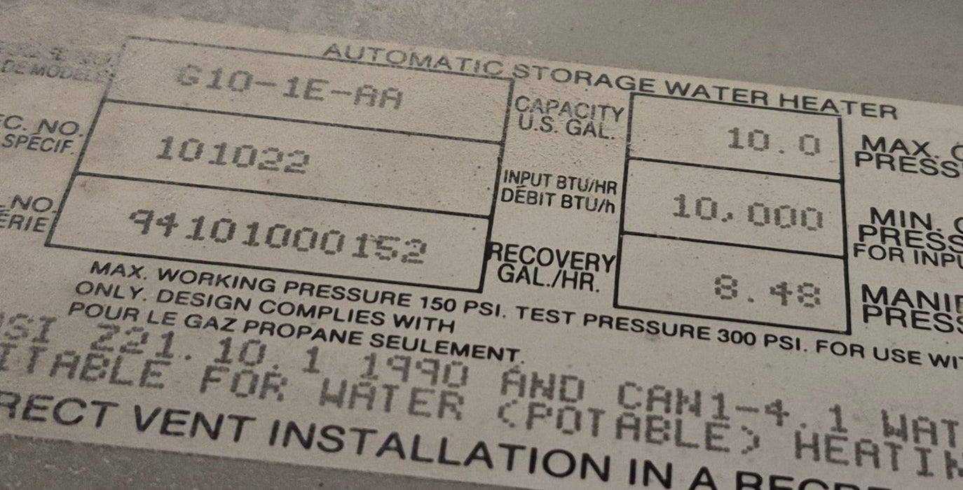 Used Complete G10-1E-AA Atwood Hot Water Heater 10 Gal.