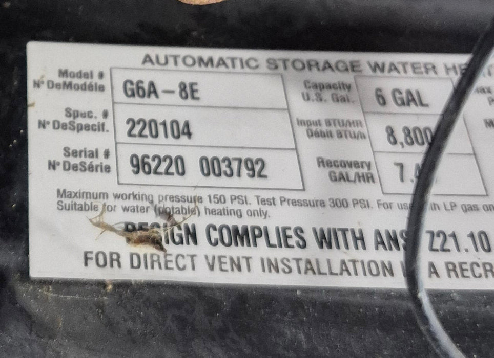 Used Complete G6A-8E Atwood Hot Water Heater 6 Gal.