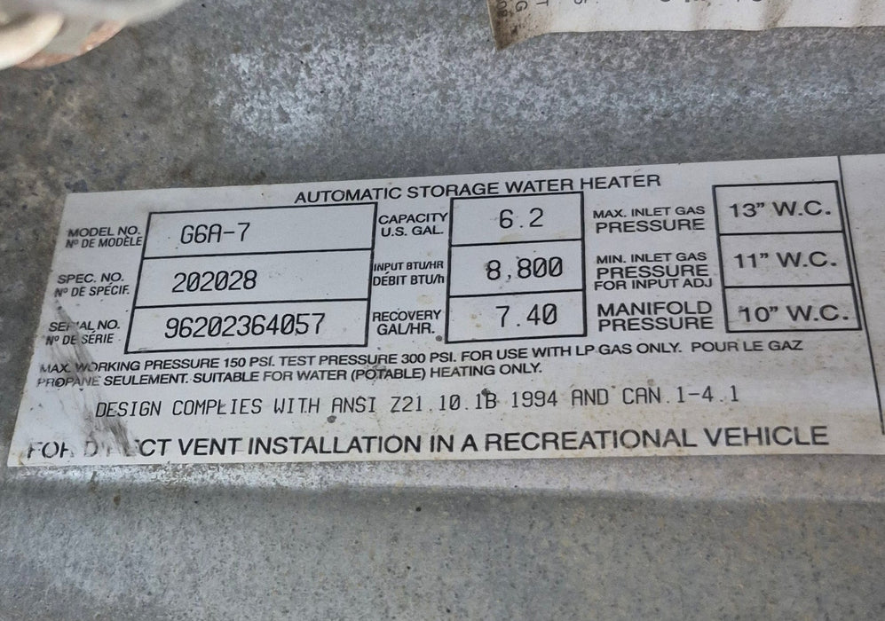 Used Complete G6A-8E Atwood Hot Water Heater 6 Gal.