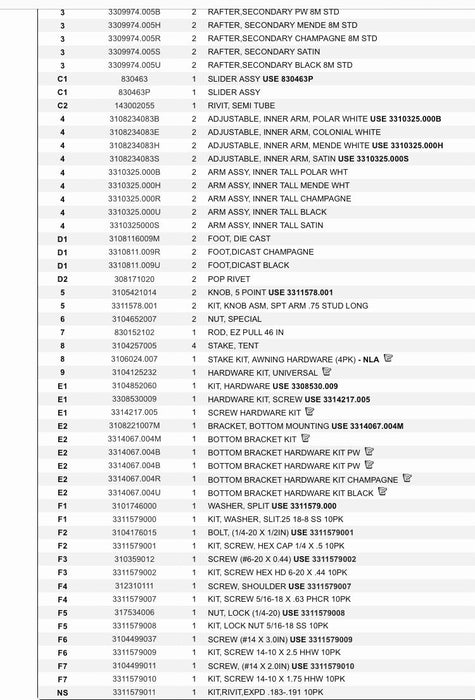 Used Dometic / A&E Awning Main Rafter Arm Assembly Tall 3312047.00B