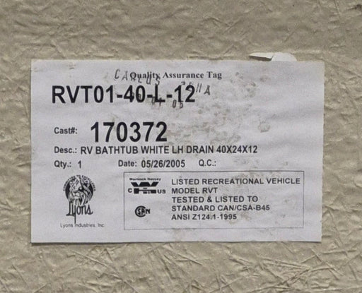 Used RV Bath Tub 40” x 24” Left Hand Drain - Young Farts RV Parts