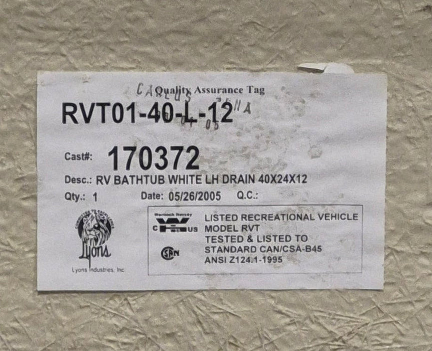 Used RV Bath Tub 40” x 24” Left Hand Drain - Young Farts RV Parts