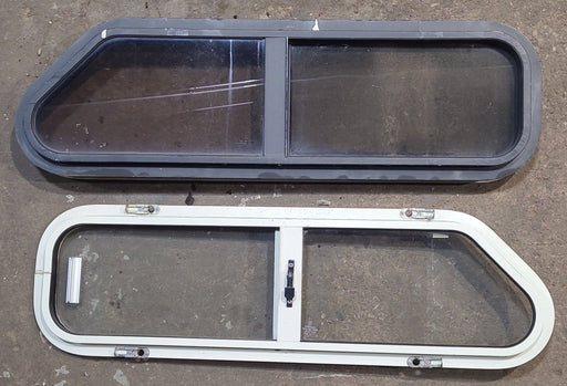 Used Slanted Black Radius Opening Window : 32" W x 8 1/2" H x 1 3/8" D - Young Farts RV Parts