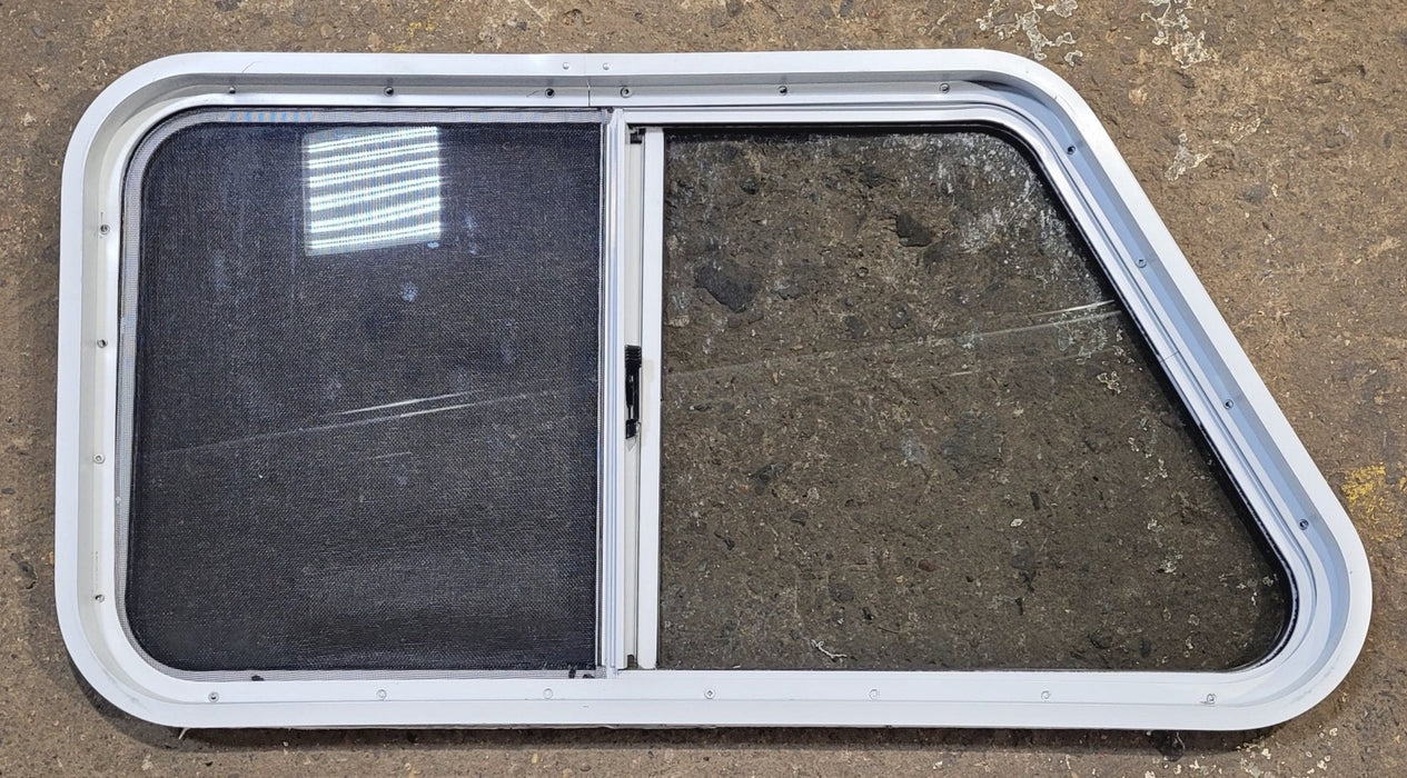 Used Slanted White Radius Opening Window : 37" W x 18 1/2" H x 1 7/8" D - Young Farts RV Parts