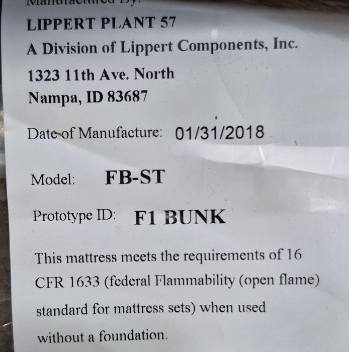 Used Teddy Bear Bunk Mattress 74" x 52" x 4" D - with diagonal cut corner - Young Farts RV Parts