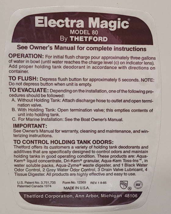 Used Toilet Complete Retro/ Vintage Electra Magic Model 80 - 35831 - Young Farts RV Parts