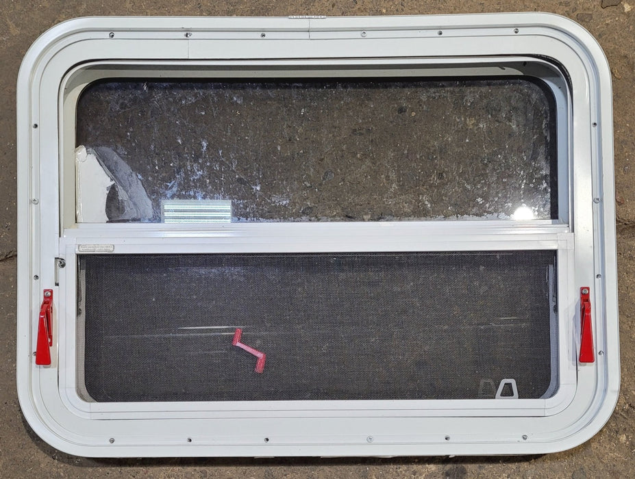 Used White Radius Emergency Opening Window : 29 1/2" W x 21 1/2" H x 1 7/8" D - Young Farts RV Parts