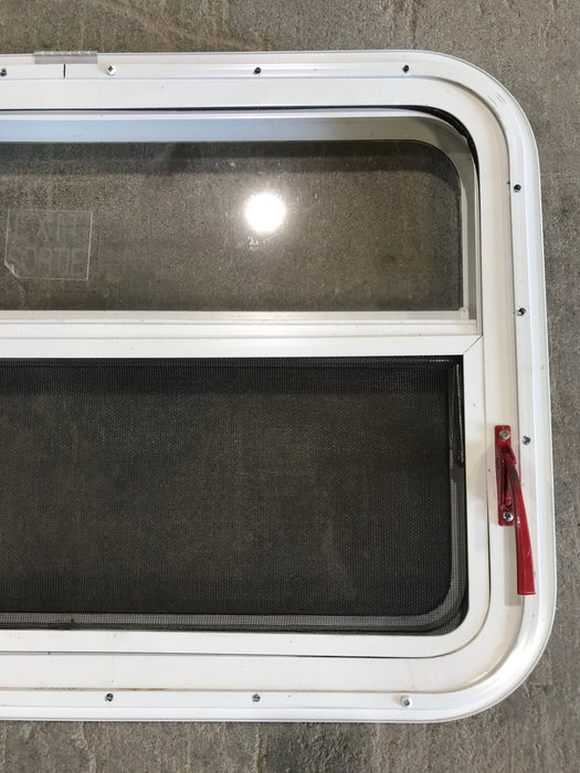 Used White Radius Emergency Opening Window : 29 1/4" W x 19 1/2" H x 1 1/2" D - Young Farts RV Parts