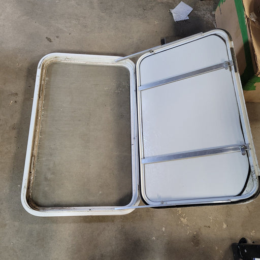 Used White Radius Non-Opening Window With Rock Guard Cover : 35 1/2 X 21 1/2 X 2" D - Young Farts RV Parts