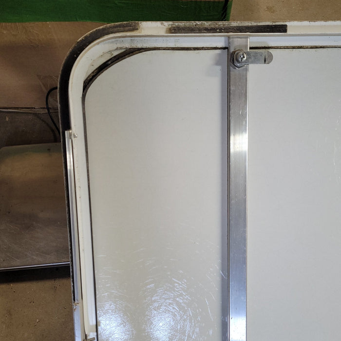 Used White Radius Non-Opening Window With Rock Guard Cover : 35 1/2 X 21 1/2 X 2" D - Young Farts RV Parts
