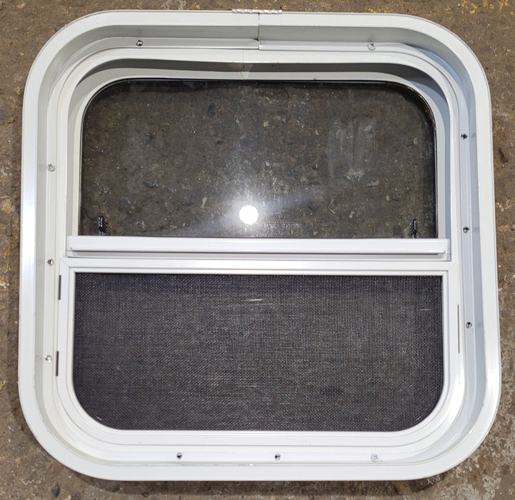 Used White Radius Opening Window : 17 1/2" W x 17 1/2" H x 1 7/8" D - Young Farts RV Parts