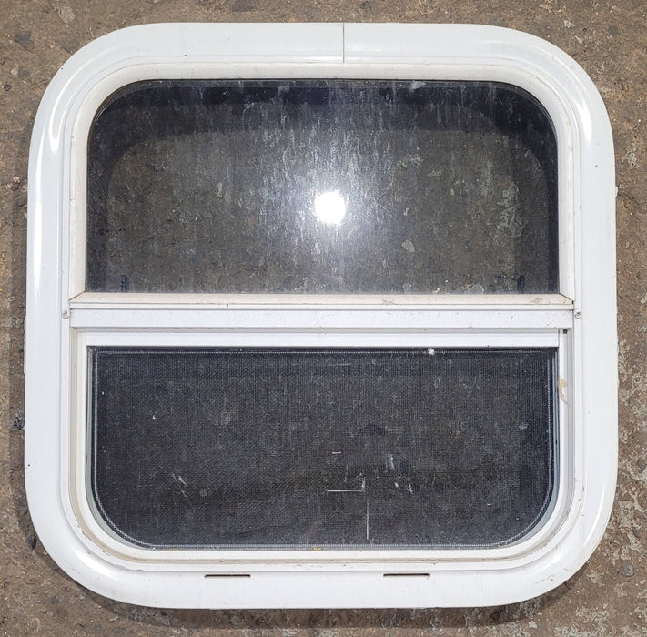 Used White Radius Opening Window : 17 1/2" W x 17 1/2" H x 1 7/8" D - Young Farts RV Parts