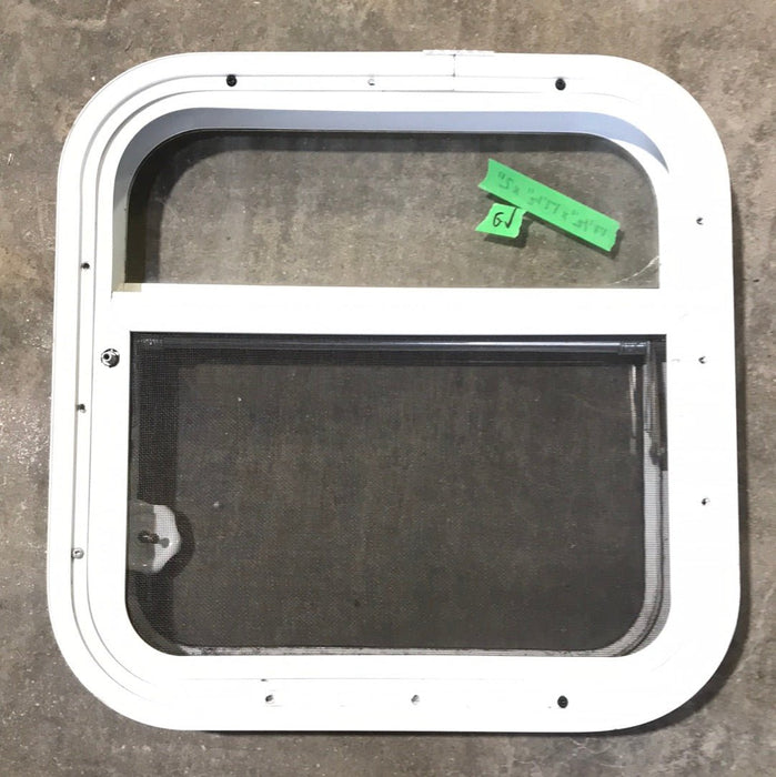 Used White Radius Opening Window : 17 1/2" W x 17 1/2" H x 2" D - Young Farts RV Parts