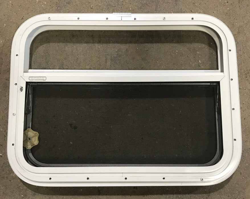 Used White Radius Opening Window : 23 1/2" W x 17 1/2" H x 1 1/2" D - Young Farts RV Parts