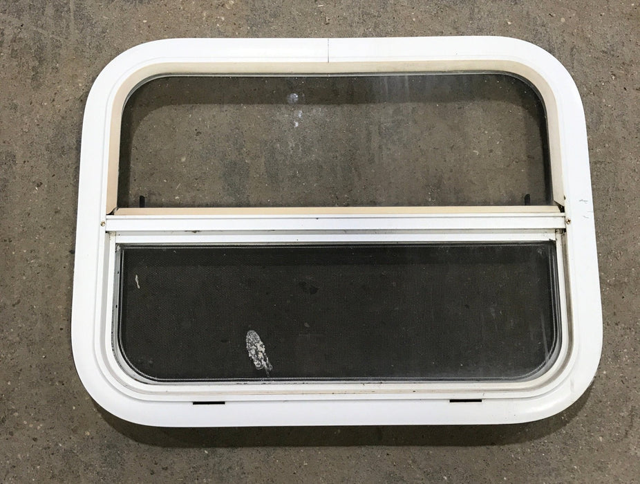 Used White Radius Opening Window : 23 1/2" W x 17 1/2" H x 1 1/2" D - Young Farts RV Parts