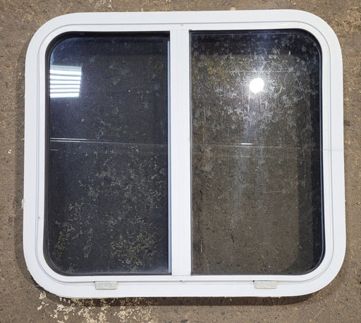 Used White Radius Opening Window : 24" W x 21 3/4" H x 1 7/8" D - Young Farts RV Parts