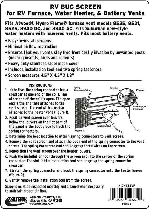 Valterra A10 - 1322VP Furnace/Battery Vent Bug Screen - Young Farts RV Parts