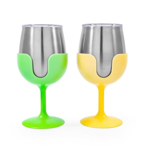 Yellow and Green Stainless Steel Tumbler Set w/Wine Glass Stems 8 oz